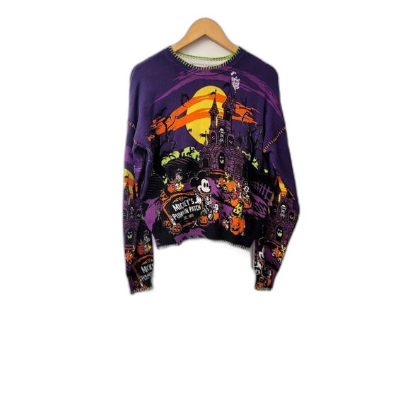Disney Mickey Mouse and Friends Halloween Sweater Sz. S Pumpkin Patch Castle - Picture 1 of 8